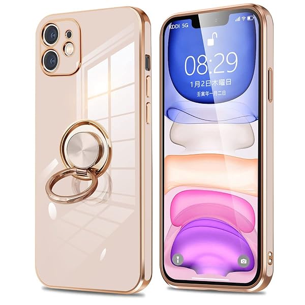 IPhone11 ケース リング付き iphone 11 カバー リング 携帯カバー カメラ保護 耐衝撃 薄型 TPU 軽量 シリコン スタンド機能付き 360回転車載ホルダー (ピンク)