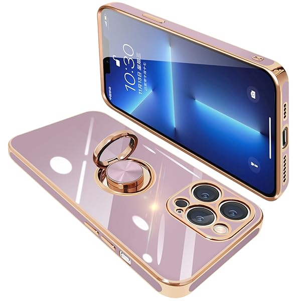 iPhone13 pro ケース リング付き アイフォン13pro リング カバー 耐衝撃 TPU メッキ加工 360°回転 スタンド機能 車載ホルダー ストラップホール付き 6.1インチ（パープル）