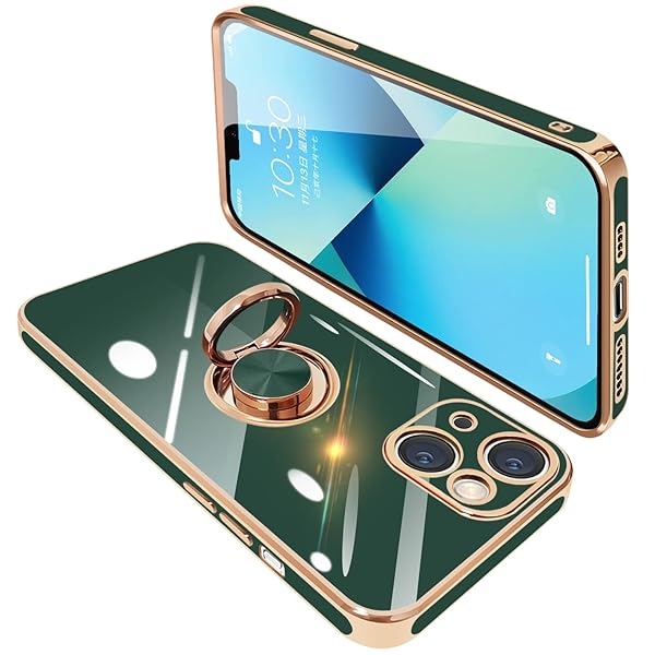 iPhone13 ケース リング付き アイフォン13 リング カバー 耐衝撃 TPU メッキ加工 360°回転 スタンド機能 車載ホルダー ストラップホール付き 6.1インチ（ダークグリーン）