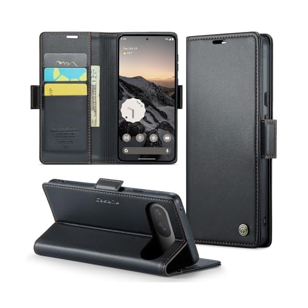 Google Pixel 9 / 9 Pro ケース 手帳型 財布型 カードポケット付き ピクセル9 / 9 Pro 用 携帯カバー カード収納 スマホケース 高級レザー 耐衝撃 全面保護 スタンド機能 ストラップホール付き マグネット式 · ブラ