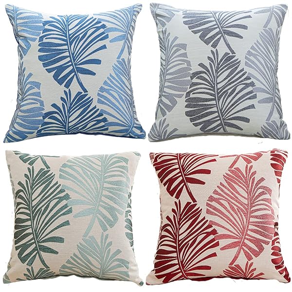 クッションカバー 45x45cm 北欧 4枚セット 綿とリネン おしゃれ 可愛い 葉の柄 ジャガード織 ファスナー式 シンプル モダン インテリア (45x45, カラー3)