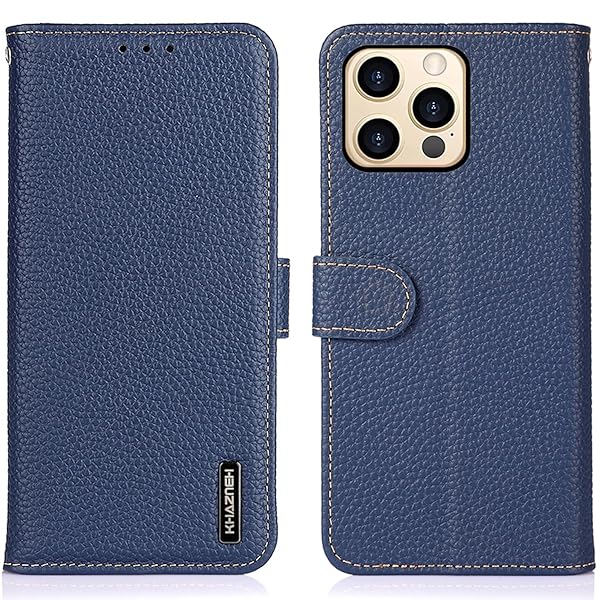 iPhone 16 Pro ケース 手帳型 本革 アイフォン16 プロ カバー 本革 財布型 シュリンクカーフレザー 高級本皮 ライチ柄 良い触り心地 サイドマグネット式 2枚カード収納 横置きスタンド機能 耐衝撃 ブルー