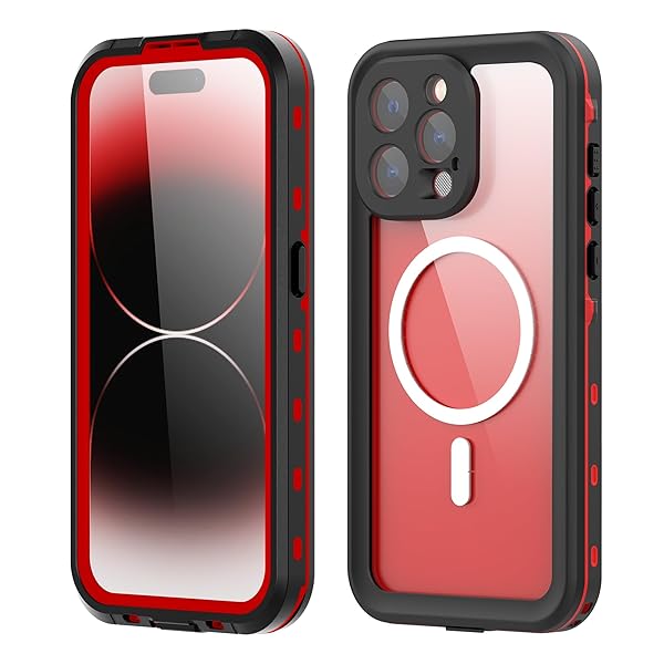 iPhone15Pro ケース 完全防水 ストラップ付き 防水ケース カバー クリア 透明 アイフォン15プロ 全面カバー 頑丈 耐衝撃 フェイスID認証 Qi充電対応 液晶画面保護フィルム アウトドア,レッド