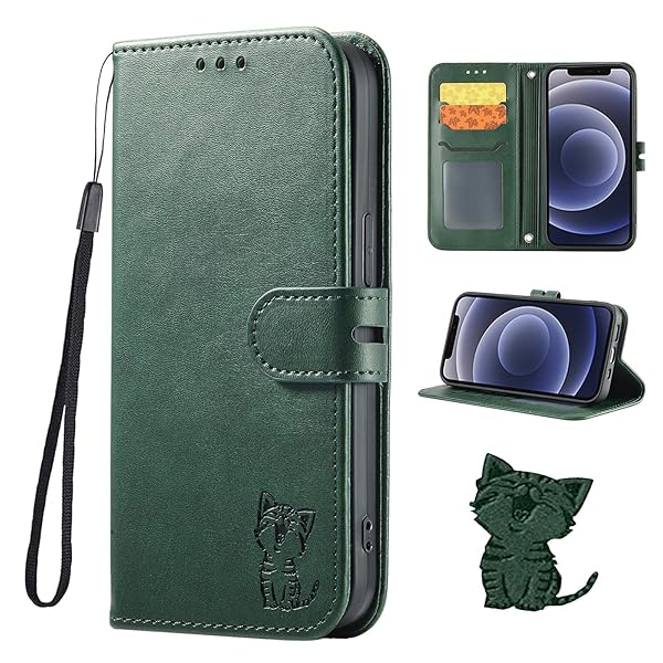 Xiaomi POCO X7 Pro ケース 手帳型 POCO X7 Pro スマホケース case 笑顔猫ちゃん ストラップ付き カード入れ スタンド機能 レトログリーン