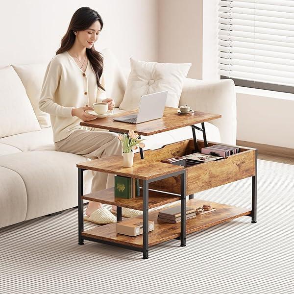 ローテーブル 昇降式 一人暮らしリビングテーブル 隠す収納 天板昇降 高さ調整 大容量 簡単開閉 ガス圧式 幅80*奥行40*高さ40&54.6cm ビンテージ