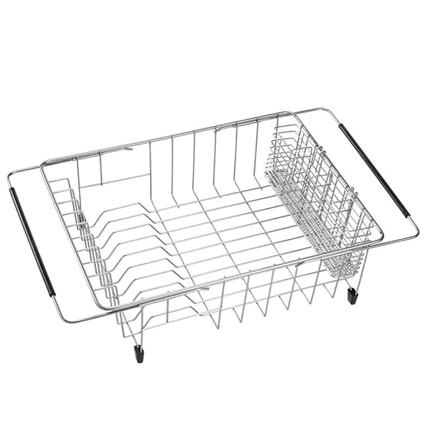 伸縮式シンクディッシュ乾燥ラック 深い大型食器乾燥ラック 4分割食器カトラリーホルダー 食器水切り棚..