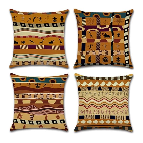 クッションカバー 45x45cm 4枚セット 北欧 幾何学模様 違う柄 リネン 亜麻 可愛い おしゃれ ファスナー モダン 家庭装飾 車 飾り 四季通用 (45x45, エスニック)