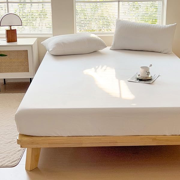 ボックスシーツ シングル 綿100% 洗いざらし シーツ ベッドシーツ 200本高密度生地 マットレスカバー ベッドカバー 防ダニ 柔らかい (ホワイト, シングル・100×200×30cm)