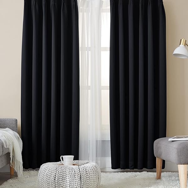 カーテン 遮光カーテン 4枚セット 1級遮光 ブラック 幅100cm丈120cm 断熱 防寒 防音 省エネ 無地 洗える 寝室 リビング用 (ドレープカーテン2枚・レースカーテン2枚)