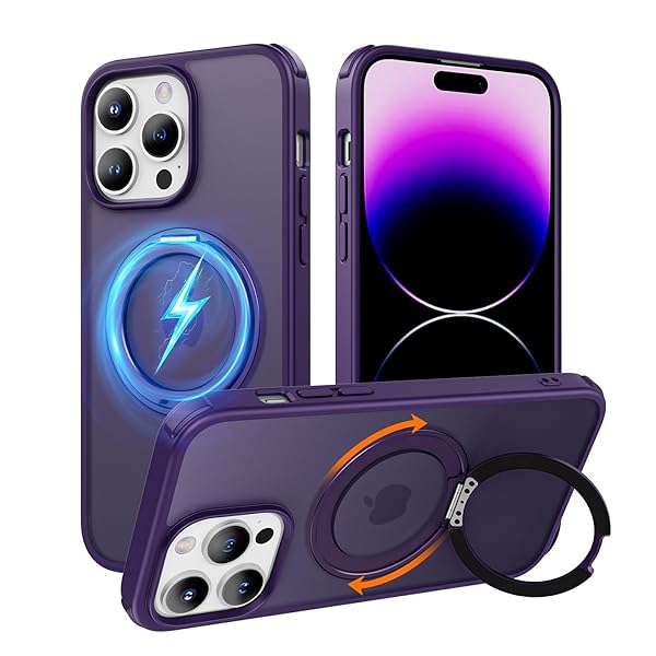 iPhone 14 Pro 用 ケース 縦横両対応リング 360°回転スタンド magsafe対応 ワイヤレス充電 米軍MIL規格 耐衝撃 半透明 マット感 iPhone 14 Pro ケース 6.1インチ パープル