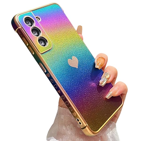 Samsung Galaxy S22 5G用 ハートケース サムスン ギャラクシーs22 カバー 柔軟な TPU シリコン スマホケース メッキ加工 エッジ ラグジュアリー 蛍光色 虹色 マット ソフト 軽量 耐衝撃 おしゃれ 韓国 可愛い ギャラク