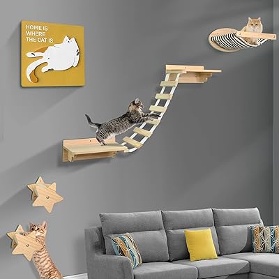 壁取り付け式猫用シェルフセット - 猫 壁 家具 クライミング 棚 猫 ハンモック パーチ スクラッチポスト 猫 アクティビティ ツリー クライミング ブリッジ ラダー ステップ 屋内