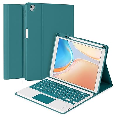 iPad10.2キーボードケース ipad 第9/8/7世代 ipad air3 pro10.5兼用キーボードカバー 脱着式 タッチパッド搭載 上側ペンホルダー スタンド機能 全面保護 濃い緑