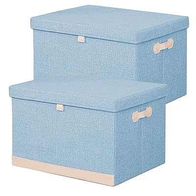収納ボックス 衣類収納ケース 30L 収納箱 (2個セット) 折りたたみ ファブリック ストレージ ボックス レザー ハンドル フタ付き 家庭用 ストレージ ボックス 防塵 整理箱 40x30x25cm ブルー+ベージュ