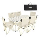 アウトドア テーブル チェア 7点セット アルミテーブル椅子 ピクニック ベンチセット ピクニックテーブル 超軽量 折り畳み 組立簡単 収納バッグ付き BBQ お釣り テント ガーデン 屋外 キャンプ用品 (7, ベージュ)