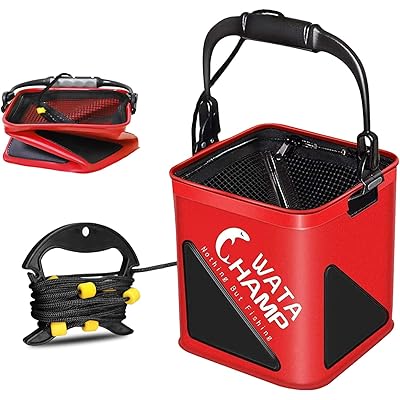 バッカン 活かし水くみバケツ 折りたたみバケツ メッシュカバー ロープ(8m) ビーズ付き EVA 5.5L/8.0L 釣り バケツ 水汲み 防災備蓄品 持ち運び便利 レッド/ブラック 18cm/21cm (レッド（18cm/ 6.5L）)