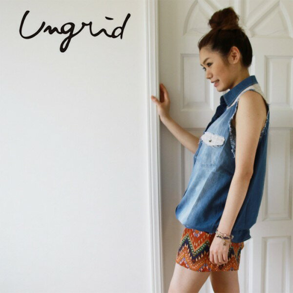 【40%OFF】Ungrid(アングリッド)ストライプコンビノースリデニムSH【2013S/S新作】【吉田怜香さんブログ掲載商品】【送料無料】【メール便商品】【ナチュラル服】【デニム】【ノースリ】【レディース】【コットン綿】