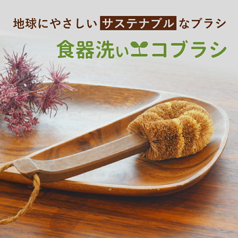 柄付きタワシ Dish brush 高級 天然ブラシ エコブラシ 調理器具 まな板 包丁 ハンドル付き ザル テフロン ホーロー調理器具 ココナッツ繊維　スクラバー 多目的ブラシ ストラップ付 サステナブル メール便可（280円）