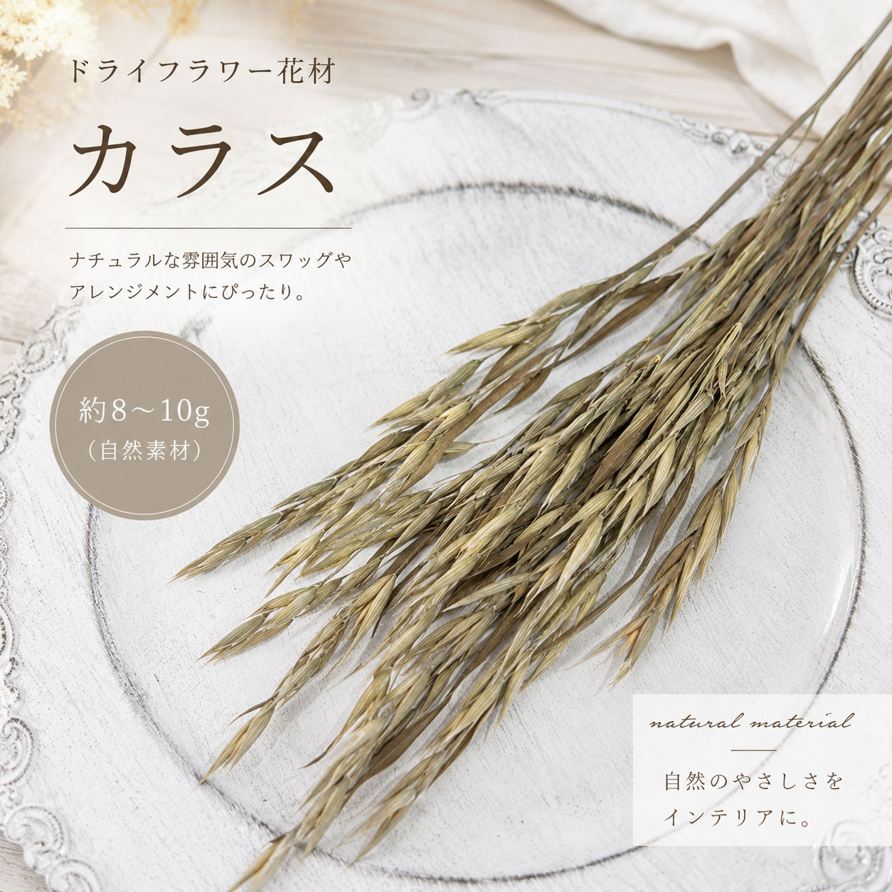 やさしいベージュカラーと自然な穂の流れが美しい「カラス」のドライフラワー花材です。 ナチュラルテイストのスワッグやリース、フラワーアレンジメントに 取り入れるだけで、やわらかく温かみのある雰囲気を演出してくれます。 ユーカリやパンパスグラス、スターチスなどの花材とも相性が良く、 ボタニカルな作品づくりにおすすめです。 そのまま花瓶に飾ったり、束ねてミニスワッグにしたりと、 さまざまなアレンジをお楽しみいただけます。 自然素材ならではの風合いを活かした、素朴で優しいインテリアづくりにぜひご活用ください。 おすすめ用途 ・スワッグ制作 ・リースアレンジ ・ブーケのアクセント ・フラワーアレンジメント ・レジン・ハンドメイド作品 ・ラッピング装飾 ・インテリアディスプレイ 商品内容 花材名：カラス ドライフラワー サイズ：長さ：約25～30cm（サイズに個体差あり） 容量：約8～10g 状態：ドライフラワー カラー：ベージュ～麦色（時期によってグリーン寄りの場合もあり） ご購入前にご確認ください ・天然素材のため、色合いや形状、大きさには個体差があります。 ・配送中に葉が多少落ちる場合があります。 ・直射日光や高温多湿を避けて保管してください。