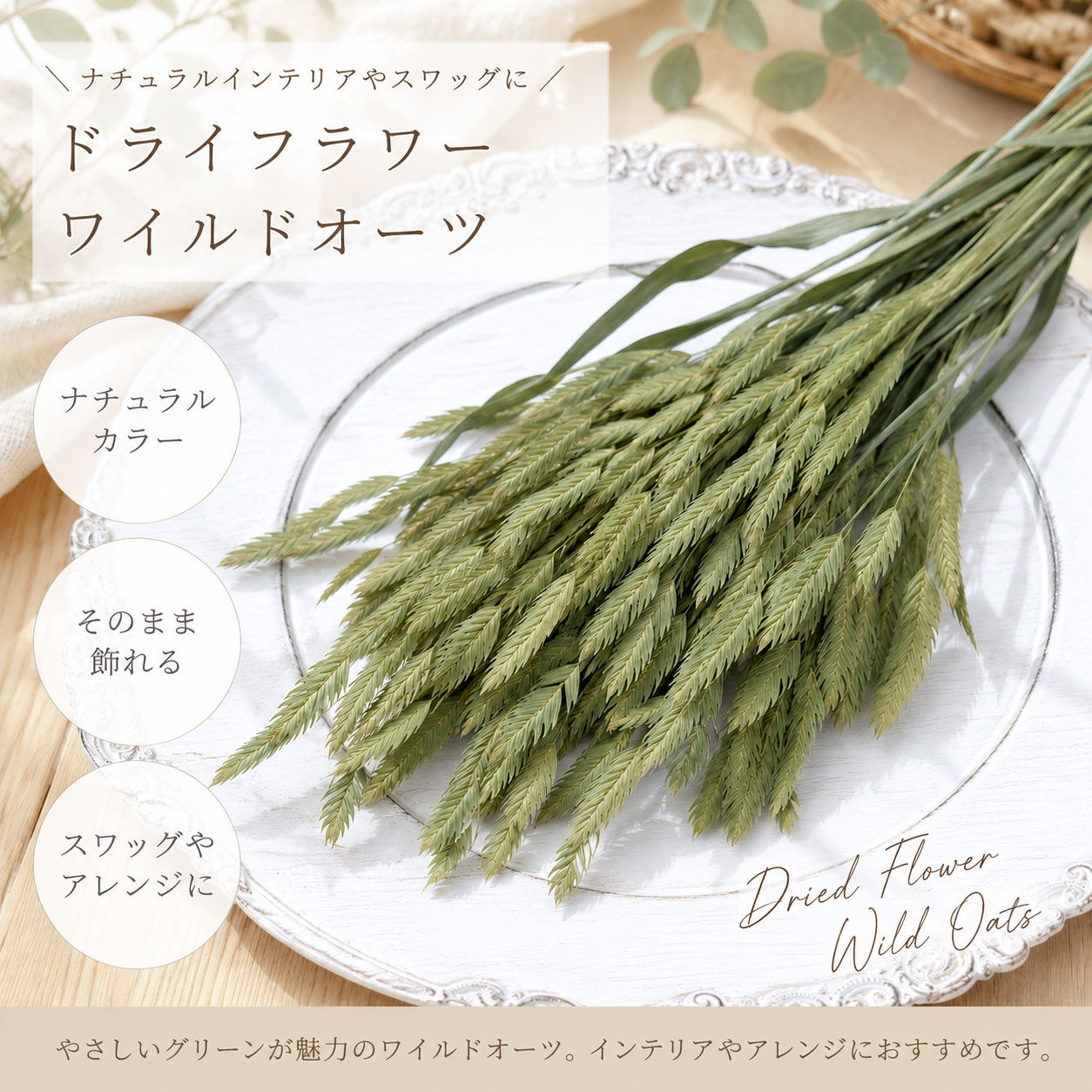 やさしいグリーンカラーと繊細なしなやかな穂が美しい 「ワイルドオーツ」のドライフラワー花材です。 自然の風を感じるような軽やかな表情が魅力で、 そのまま飾るだけでもナチュラルな空間を演出してくれます。 スワッグやリース、フラワーアレンジメントのアクセントとしてはもちろん、 花瓶に飾るシンプルなインテリアにもおすすめです。 ユーカリやパンパスグラス、あじさい、かすみ草などの花材とも相性が良く、 ナチュラルテイストや韓国風インテリアにもよく馴染みます。 ふんわりとした穂の動きが作品に抜け感を与え、やさしく温かみのある雰囲気を演出します。 自然素材ならではの風合いを活かした、ボタニカルなアレンジづくりにぜひご活用ください。 おすすめ用途 ・スワッグ制作 ・リースアレンジ ・ブーケのアクセント ・フラワーアレンジメント ・レジン・ハンドメイド作品 ・ラッピング装飾 ・インテリアディスプレイ 商品内容 花材名：カワイルドオーツ サイズ：長さ：約25～30cm（サイズに個体差あり） 容量：約8～10g 状態：ドライフラワー カラー：ナチュラルグリーン ご購入前にご確認ください ・天然素材のため、色合いや形状、大きさには個体差があります。 ・配送中に葉が多少落ちる場合があります。 ・直射日光や高温多湿を避けて保管してください。