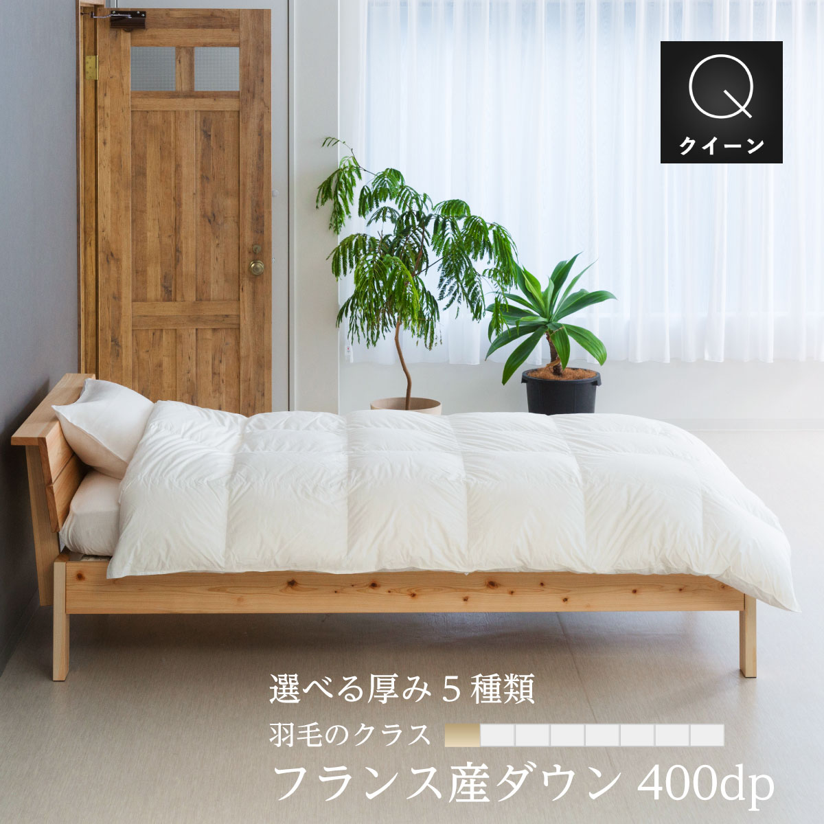 羽毛布団 掛け布団 クイーン：210×210cmハイパワーな400dpのダックダウン使用軽量国産生地：綿100%シルクプロテイン加工 収納袋付日本製　受注生産3年保証付き肌布団 合掛け 中厚 普通厚 厚手2層 5種類の厚みと掛け＋肌セット選択可