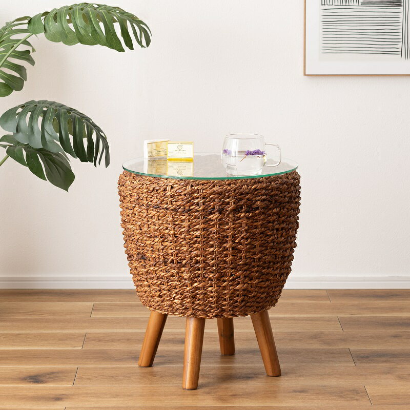 サイドテーブル 丸 W40×D40×H45cm おしゃれ ガラス天板 丸テーブル ラウンドテーブル 円形 丸型 完成品 アバカ アジアンテイスト ソファサイド ソファーサイド テーブル