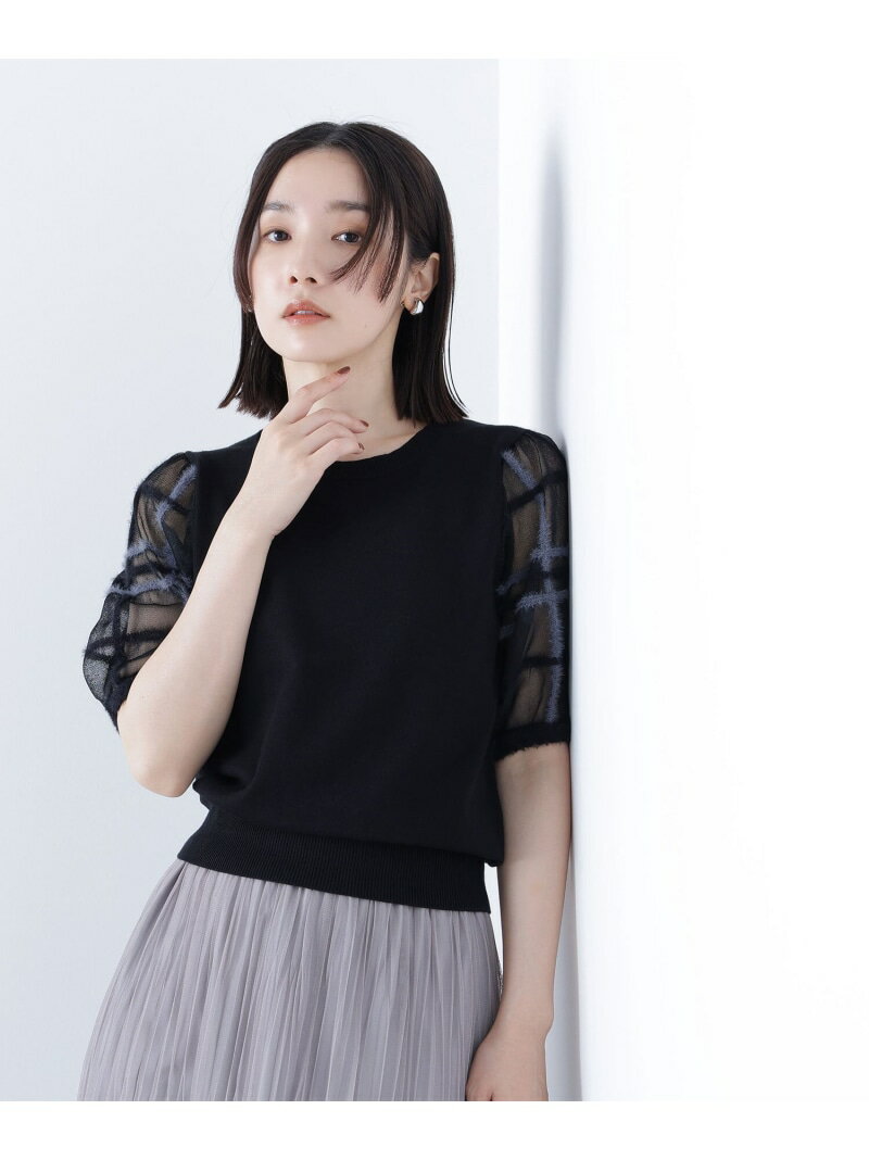 シアーチェックスリーブニット NATURAL BEAUTY BASIC ナチュラルビューティベーシック トップス ニット ホワイト ブラック【先行予約】*【送料無料】[Rakuten Fashion]のサムネイル