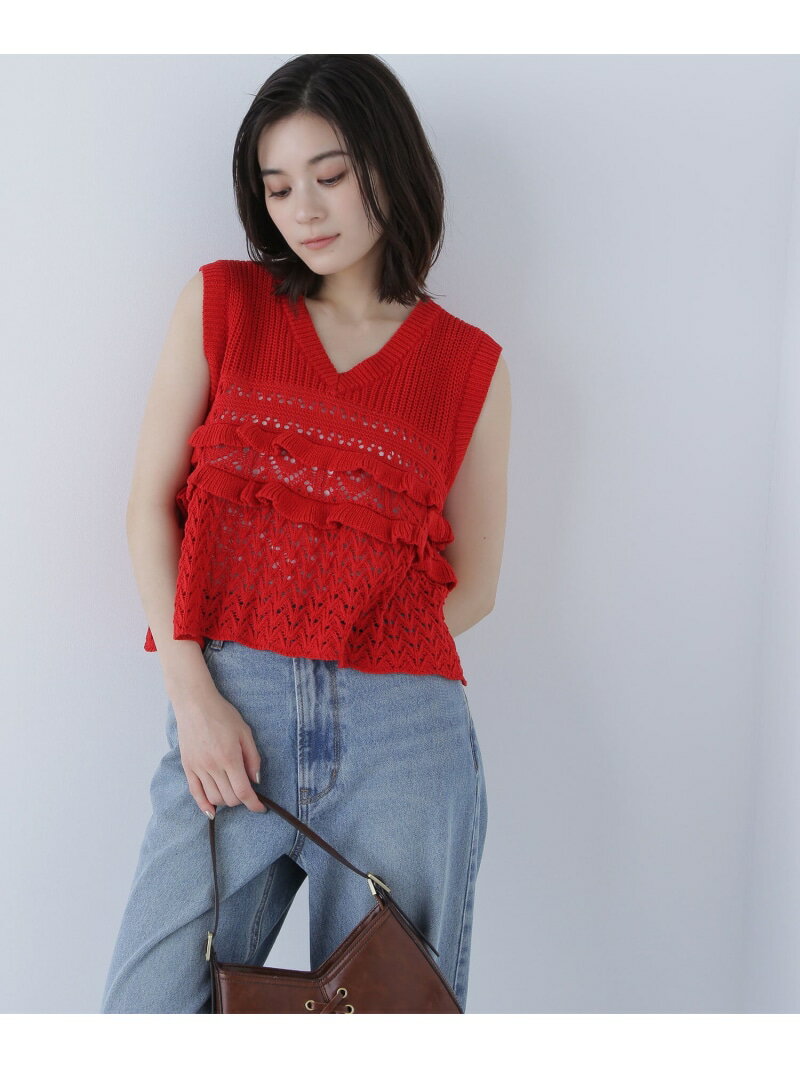 透かし編みフリルニット NATURAL BEAUTY BASIC ナチュラルビューティベーシック トップス ニット ホワイト レッド ブラック【送料無料】[Rakuten Fashion]のサムネイル