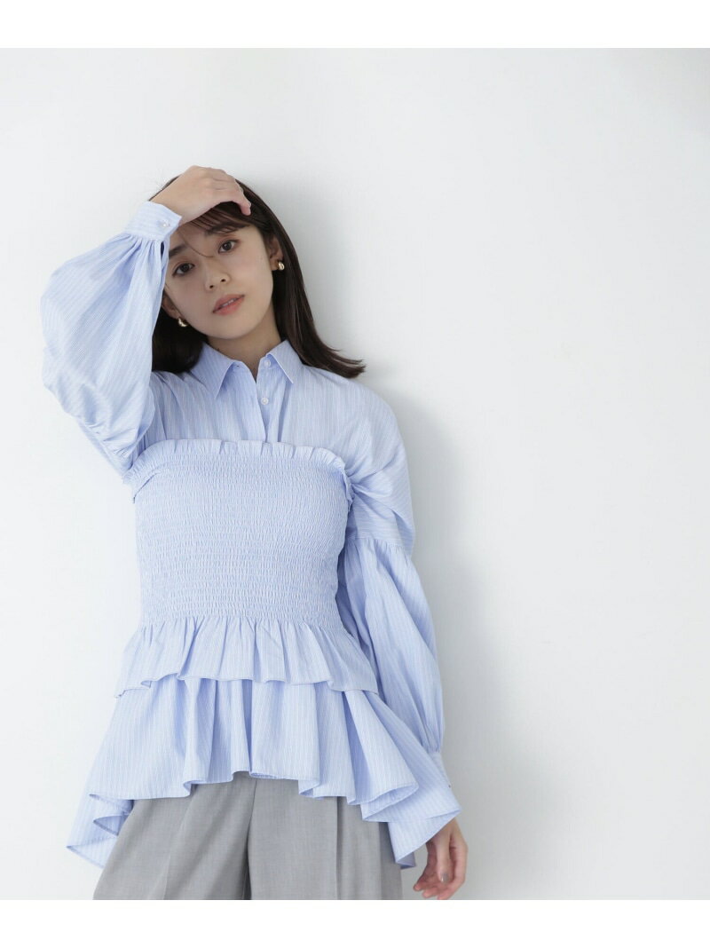 【SALE／50%OFF】ギャザーペプラムシャツ&ビスチェ NATURAL BEAUTY BASIC ナチュラルビューティベーシック トップス シャツ・ブラウス ブルー ホワイト【RBA_E】【送料無料】[Rakuten Fashion]