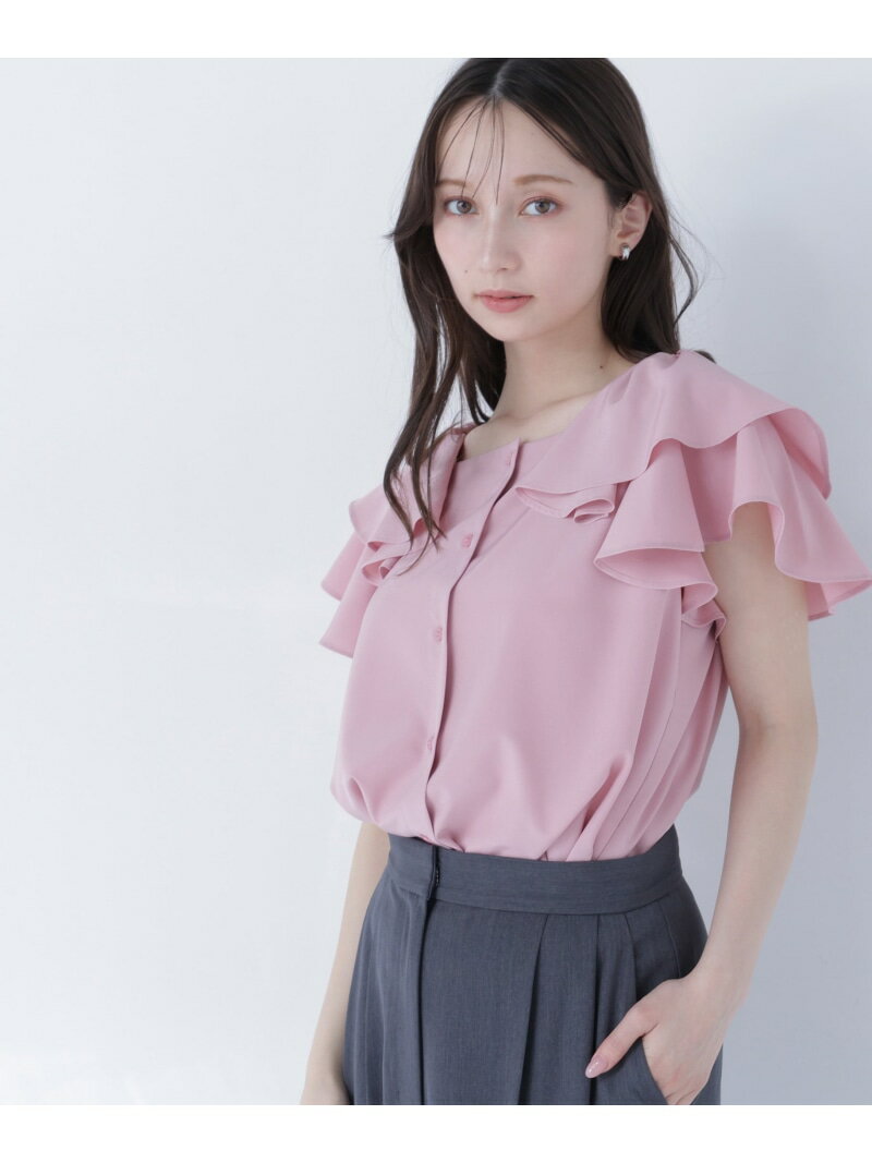 Rakuten - スクエアネックフリルブラウス NATURAL BEAUTY BASIC ナチュラルビューティベーシック トップス シャツ・ブラウス ネイビー ホワイト ピンク【送料無料】[Rakuten Fashion]