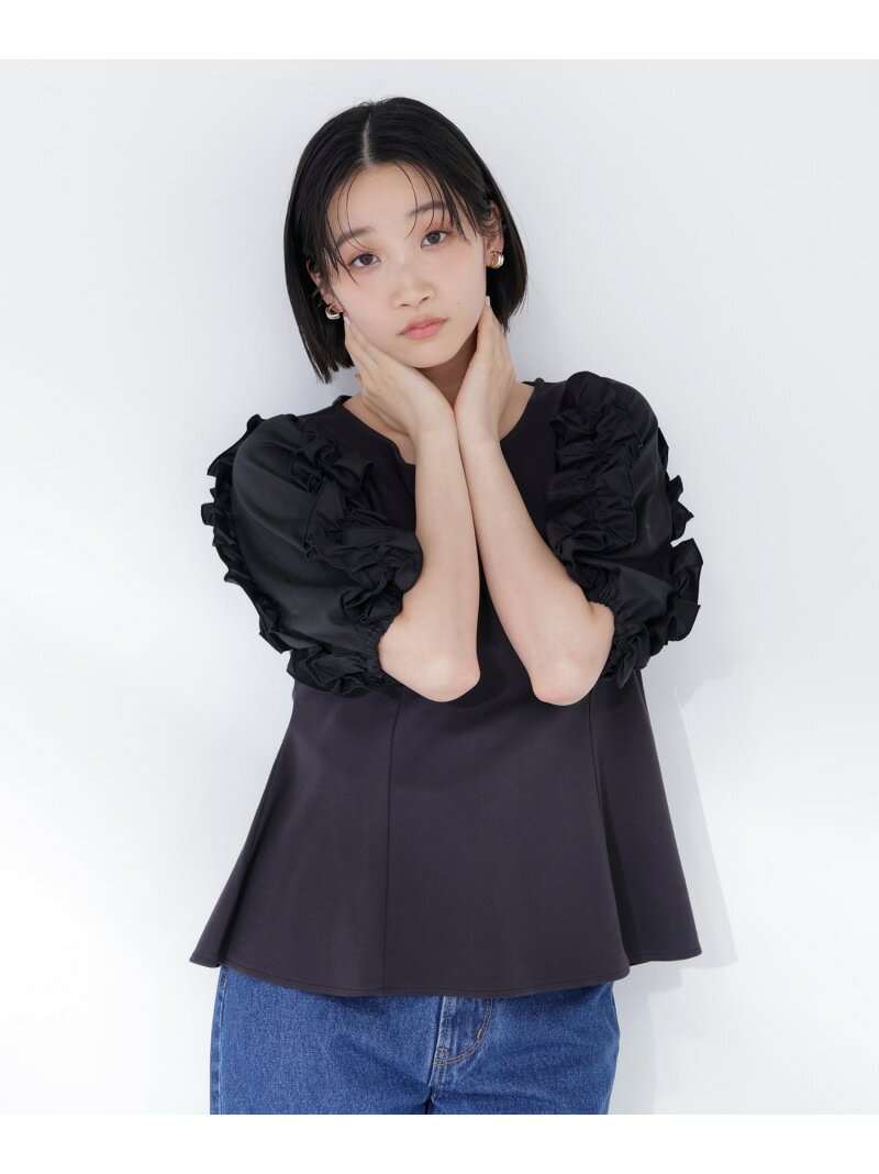 フリルスリーブドッキングカットソー NATURAL BEAUTY BASIC ナチュラルビューティベーシック トップス カットソー・Tシャツ イエロー ブラック ホワイト【送料無料】[Rakuten Fashion]