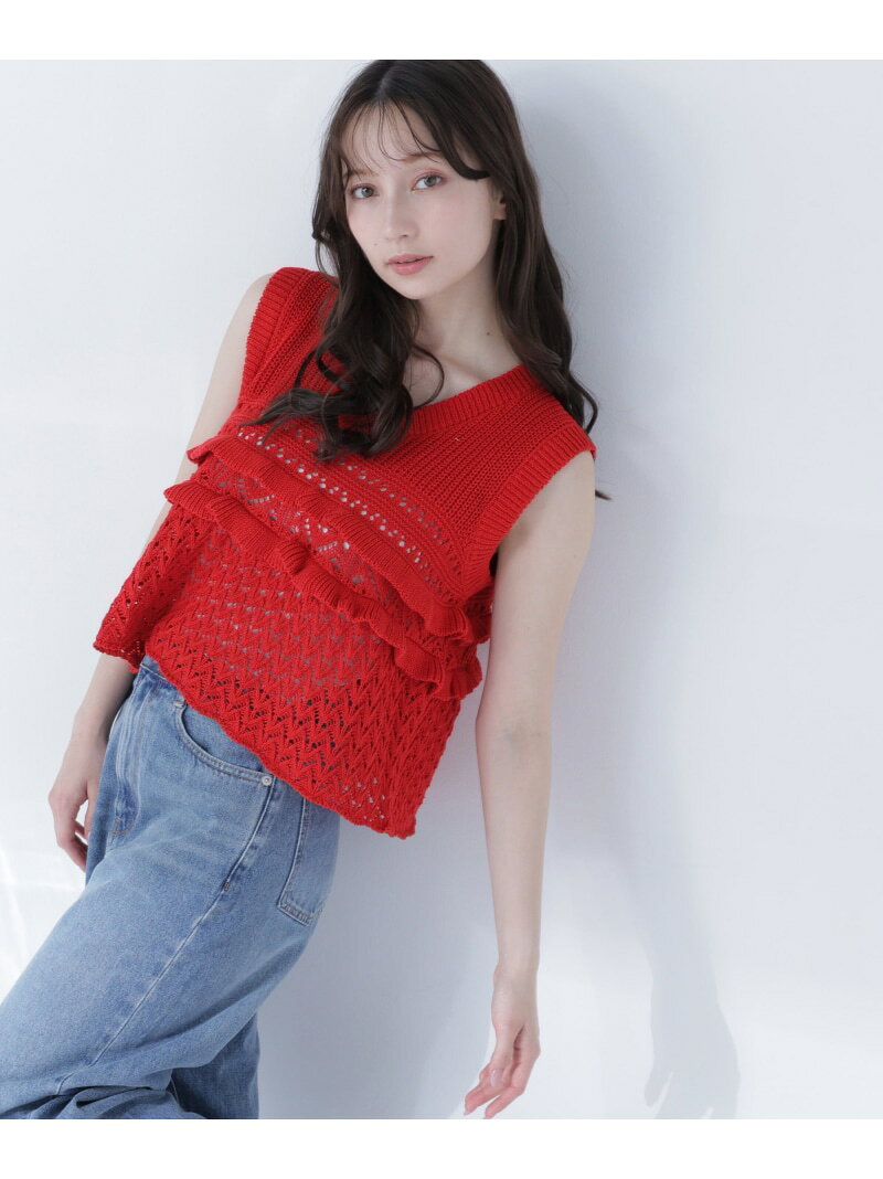 Rakuten - Vネック透かし編みフリルニット NATURAL BEAUTY BASIC ナチュラルビューティベーシック トップス ニット ブラウン ホワイト レッド【先行予約】*【送料無料】[Rakuten Fashion]