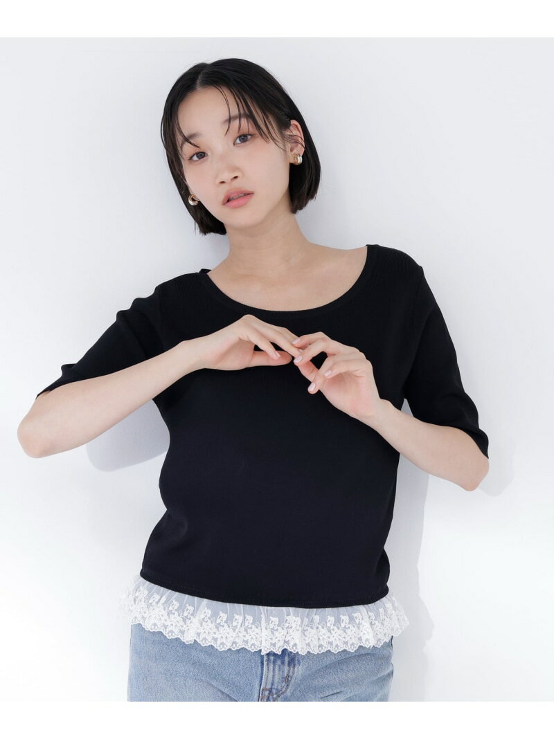 レースドッキングハーフスリーブニット NATURAL BEAUTY BASIC ナチュラルビューティベーシック トップス ニット ホワイト