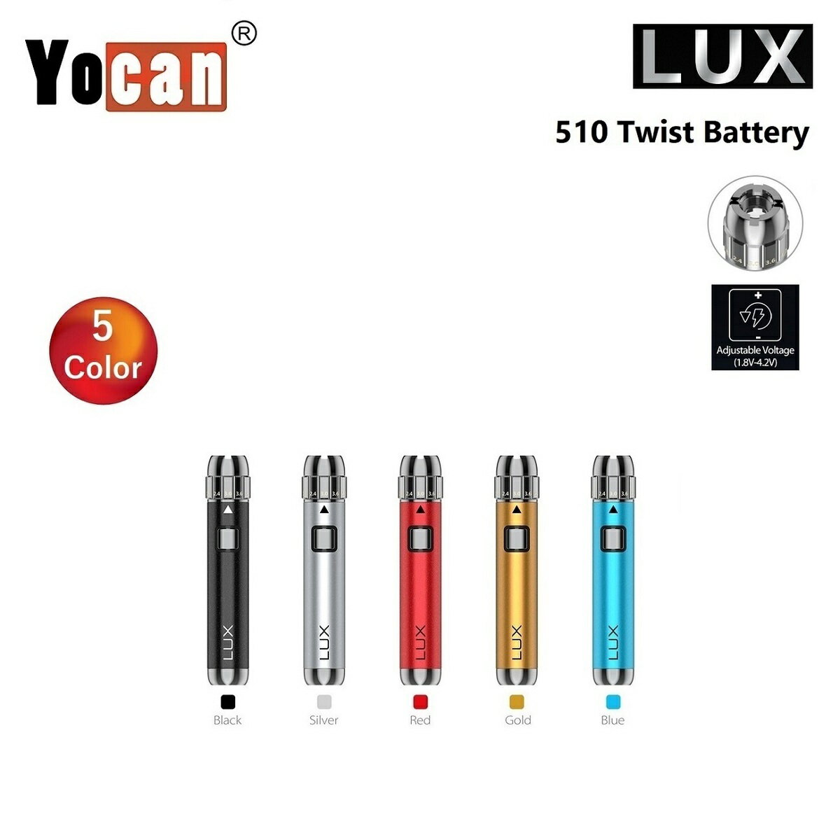 ヴェポライザー Yocan LUX 510 Twist Battery 400mAh Type-C 仕様 ヨーキャン ツイスト バッテリー ラックス ペンタイプ ペン型バッテリー 510規格 510スレッド VAPE CBD CBN CBDワックス CBDリキッド CBDカートリッジ 日本語説明書付き