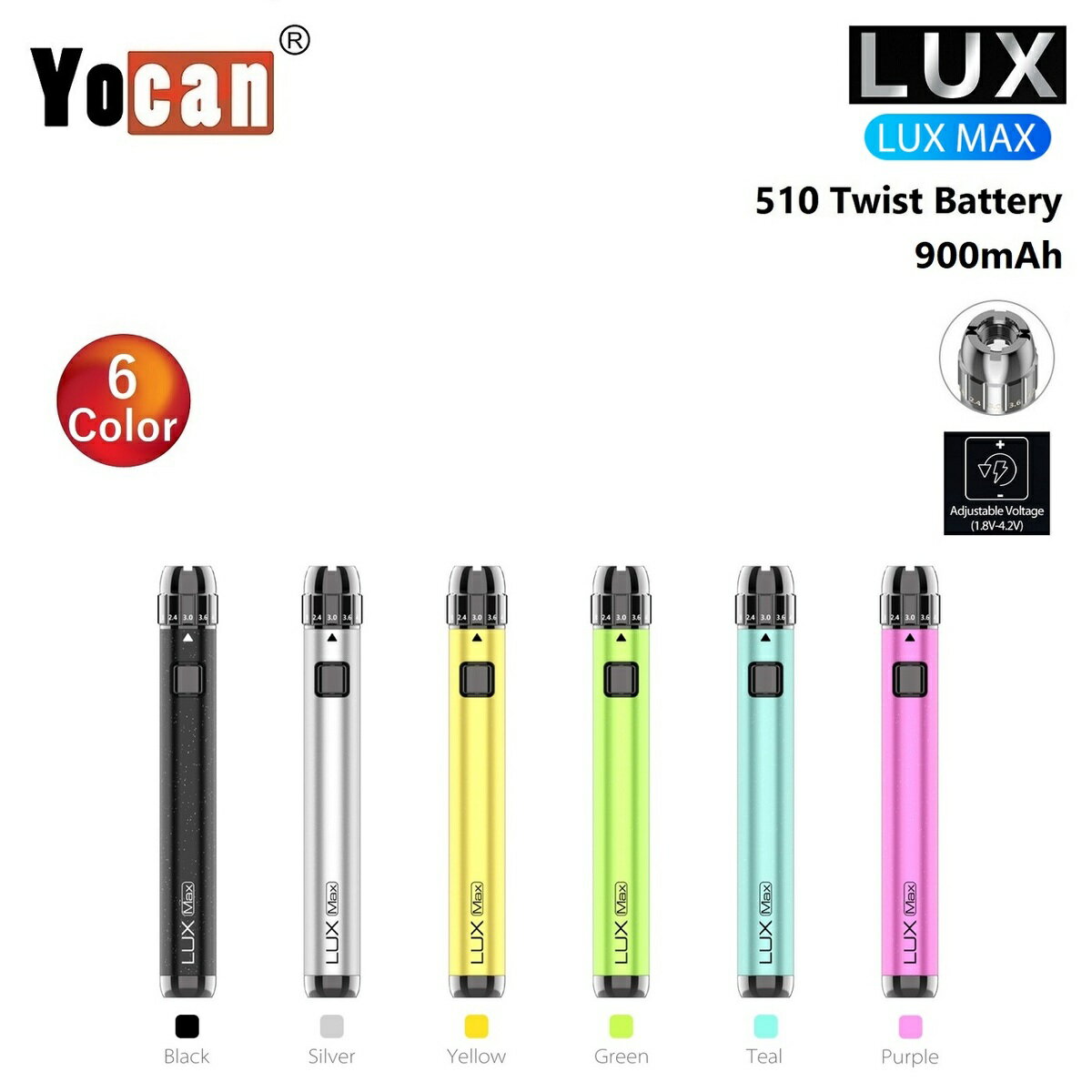 ヴェポライザー Yocan LUX MAX 510 Twist Battery 900mAh Type-C仕様 ヨーキャン ツイスト バッテリー ラックス マックス ペンタイプ ペン型バッテリー 510規格 510スレッド VAPE CBD CBN CBDワックス CBDリキッド CBDカートリッジ 正規品 日本語説明書付き 1