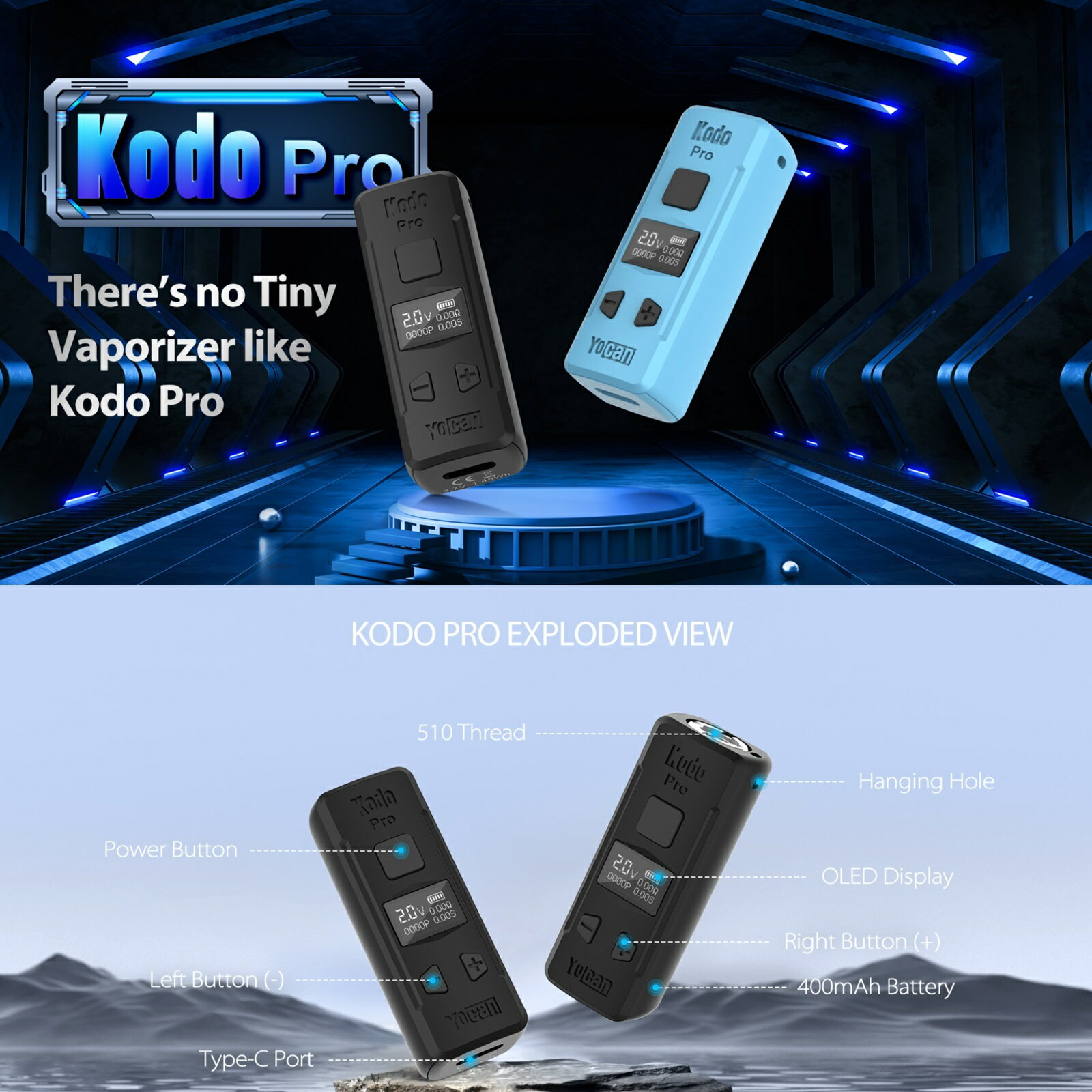 Natural Giftのヴェポライザー Yocan Kodo Pro cartridge Battery BOX MOD 400mAh 【アトマイザー付き リキッド用】 ヨーキャン コドプロ 510 カートリッジバッテリー ボックス モッド 510規格 510スレッド VAPE CBD CBN CBDワックス CBDリキッド CBDカートリッジ スターターセット｜アングル3