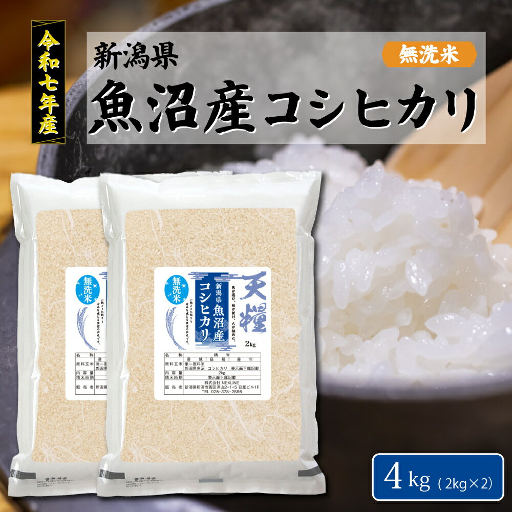 令和7年産 新潟 魚沼産 無洗米 コシヒカリ 4kg(2kgx2） 一等米 天糧 粘り甘み 香り 粒が大きい 新潟産 米 2025年 ギフト 贈り物 高級 お米 4キロ ブランド 単一米 こしひかり 美味しい おにぎり 喰王 がおう