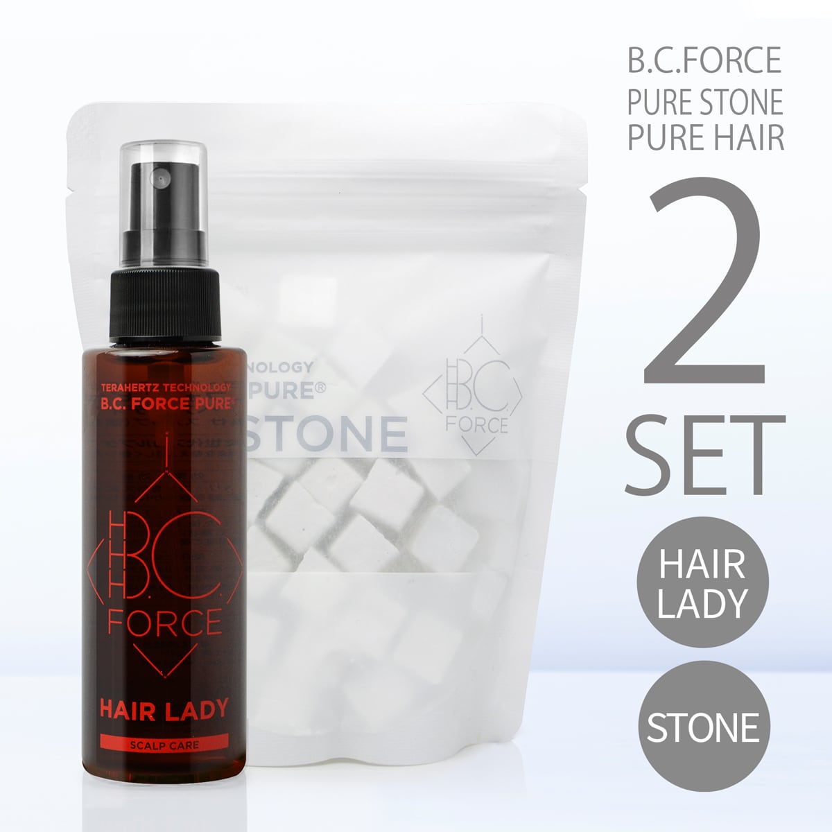 【テラヘルツ ヘアケア 化粧水】B.C.FORCE ピュアヘア LADY 120mL ＆ ピュアストーン200g セット スカルプ ローション ミスト スプレー 植物ミネラル 還元水生成石 アデノシン配合 植物成分原料 オイルフリー 無添加 無香料 敏感肌 活性酸素 除去 テラヘルツ ヘアケア 化粧水