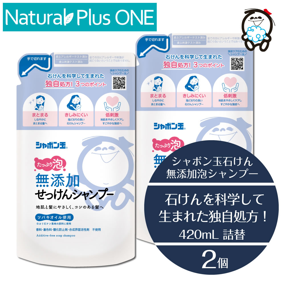 【 2個セット 】泡 シャンプー 詰替え 無添加 せっけん シャンプー たっぷり泡 420mL パウチ 無添加石けん ノンアルコール 無香料 無着色料 無酸化防止剤 合成界面活性剤不使用 水 カリ石ケン素地 のみ ツバキオイル シャボン玉石けん