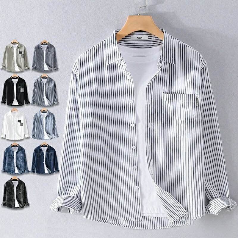 Rakuten - 【スーパーSALE商品】長袖シャツ メンズ 無地 デニムシャツ 白シャツ ストライプシャツ チェックシャツ 切り替え 長袖 シャツ カジュアルシャツ 綿シャツ ビジネス 通勤 通学 おしゃれ 秋服 春服 メンズファッション ブラック ホワイト
