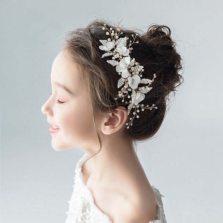 ヘアアクセサリー 子供 ピアノ発表会 キッズ ヘッドドレス 花 髪飾り 手作り ワイヤー ホワイト パール..