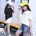 セットアップ キッズ 女の子 レディース カジュアル 夏 韓国 大きいサイズ 半袖 おしゃれ Tシャツ 花柄 総柄 デニム 短パン フリンジ 2点セット 普段着 通学 外出 お遊び 旅行 海 ビーチ リゾート カジュアルウェア