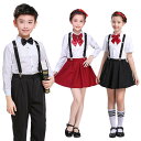 幼稚園から中学生スーツ風ダンス衣装 子供体操服 ステージ衣装 シャツ+プリーツスカート(パンツ)(サスペンダー、リボン付)上下二点セット 合唱団制服 イギリス風団体衣装 子供舞台ステージ衣装 小学校発表会演出衣装