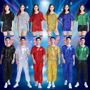 レディース チアダンス衣装上下二点セット ステージ団体衣装 スパンコール半袖Tシャツ+ショート(ロング)パンツ チアリーディング応援服 女性ヒップポップ舞台服 ...