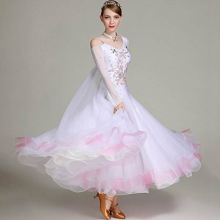 ゴージャス社交ダンスドレス 発表会舞台演出服 ラテンワルツドレス 練習服 キラキラインターナショナルダンス衣装 レッスン着 競技着 ラインストーン 白ピンク配色豪華モダンドレス スパンコール