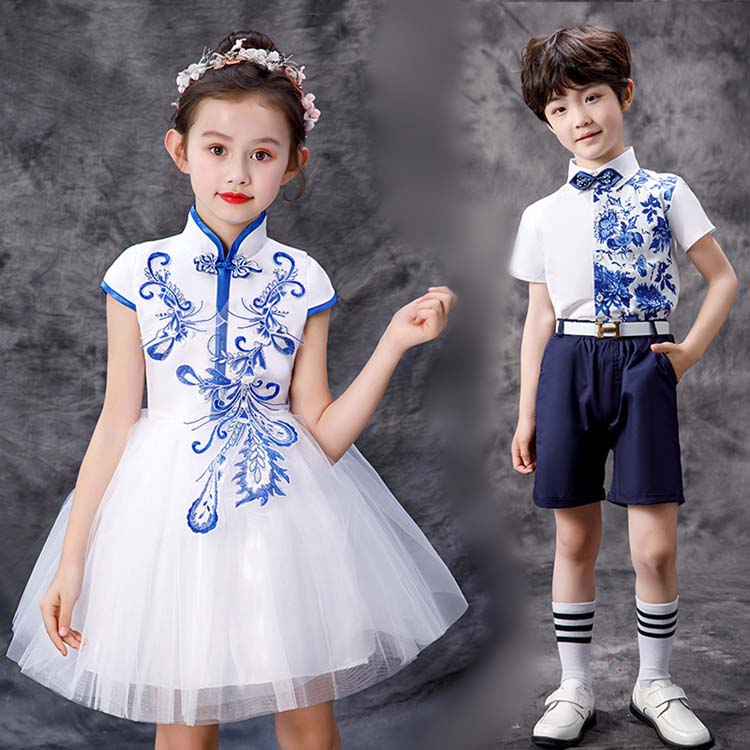 イベント発表会合唱団体ダンスウエア 女の子チュールワンピース 男の子半袖スーツセットアップ チャイ..
