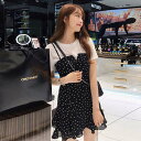 Tシャツ レディース 半袖 カジュアル ゆったり 大きいサイズ 白 黒 2colors ワンピース 夏 レディース セットアップ 吊りスカート vネック ドット柄 水玉柄 フリルデザイン 2点セット 可愛い 通学 学生 撮影 写真 カジュアルウェア