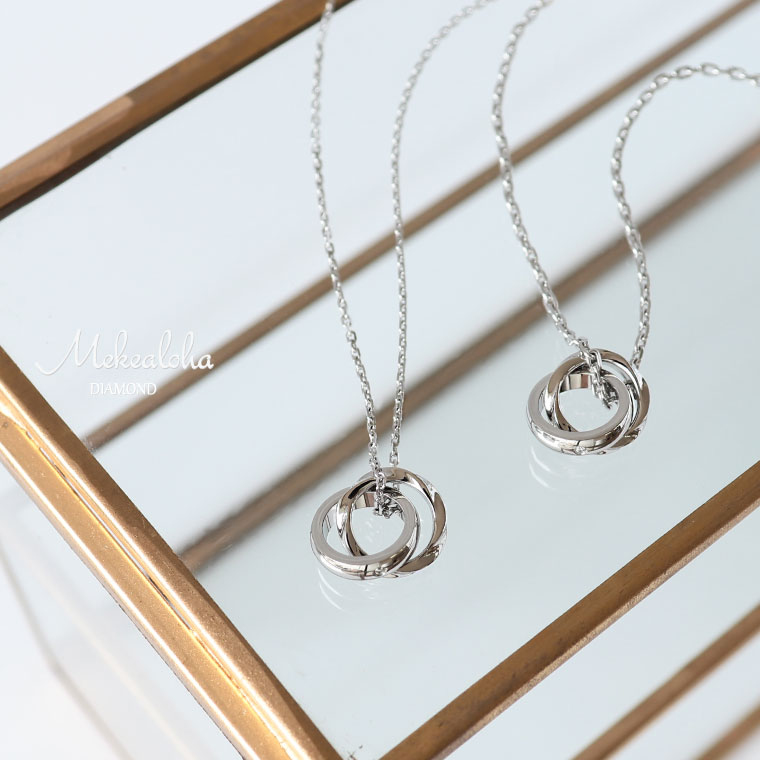 【BKフライデー★P5倍】ペア ネックレス つけっぱなし カップル 大人 ステンレス シンプル 2個セット ダイヤモンド ツイスト ダブルリング シルバー 金属...