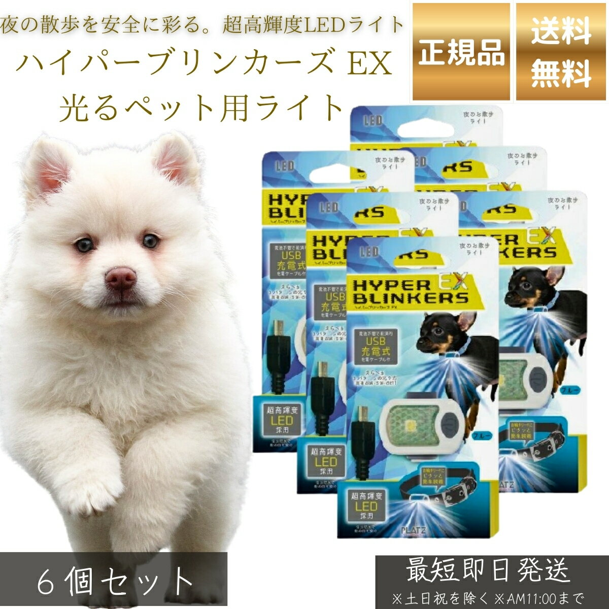 Rakuten - ハイパーブリンカーズ EX 光るペット用ライト 犬用 ブルー ×6個セット │ LEDライト 夜間 散歩用 安全ライト 防水 軽量 小型犬 【ギフト対応】 【ソーシャルギフト対応】 プレゼント