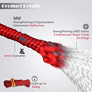 GEERTOP テント ロープ 反射材入りパラコード ガイライン ガイドロープ アルミニウム自在金具付き 耐荷重250kg 4mm * 4m 6本通販格安セール情報 楽天 通販